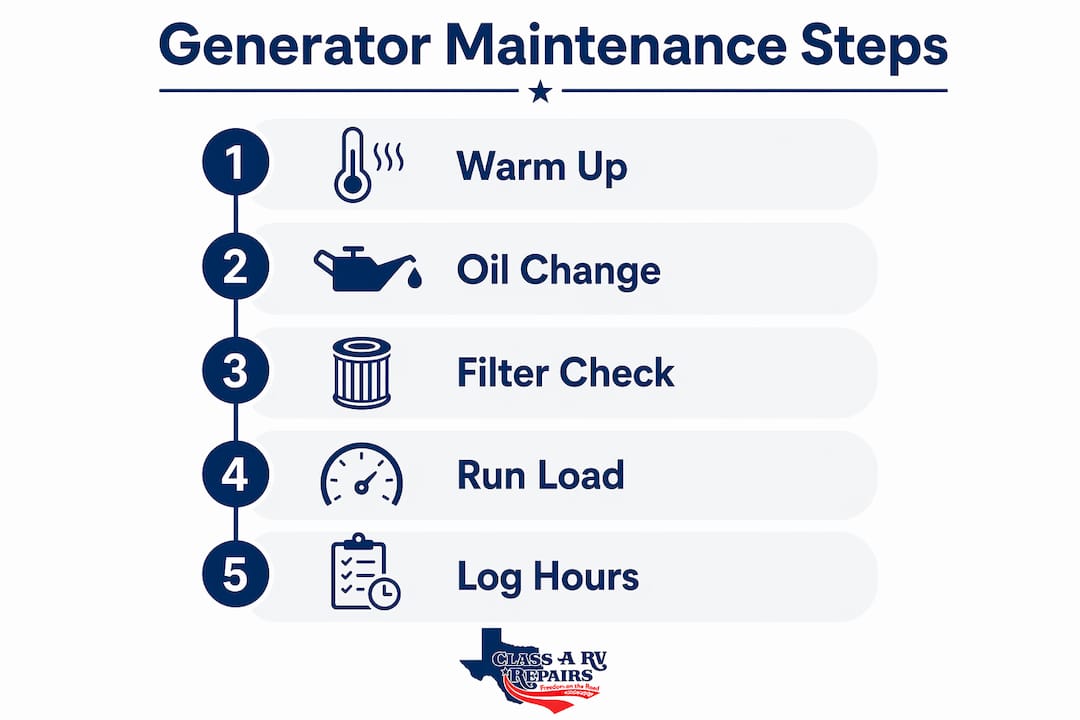 Infographic showing five steps for RV generator maintenance
