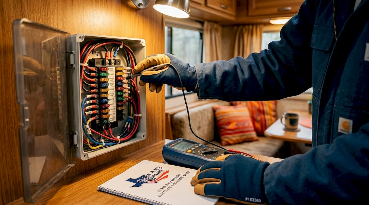 Hands checking labeled RV fuse panel