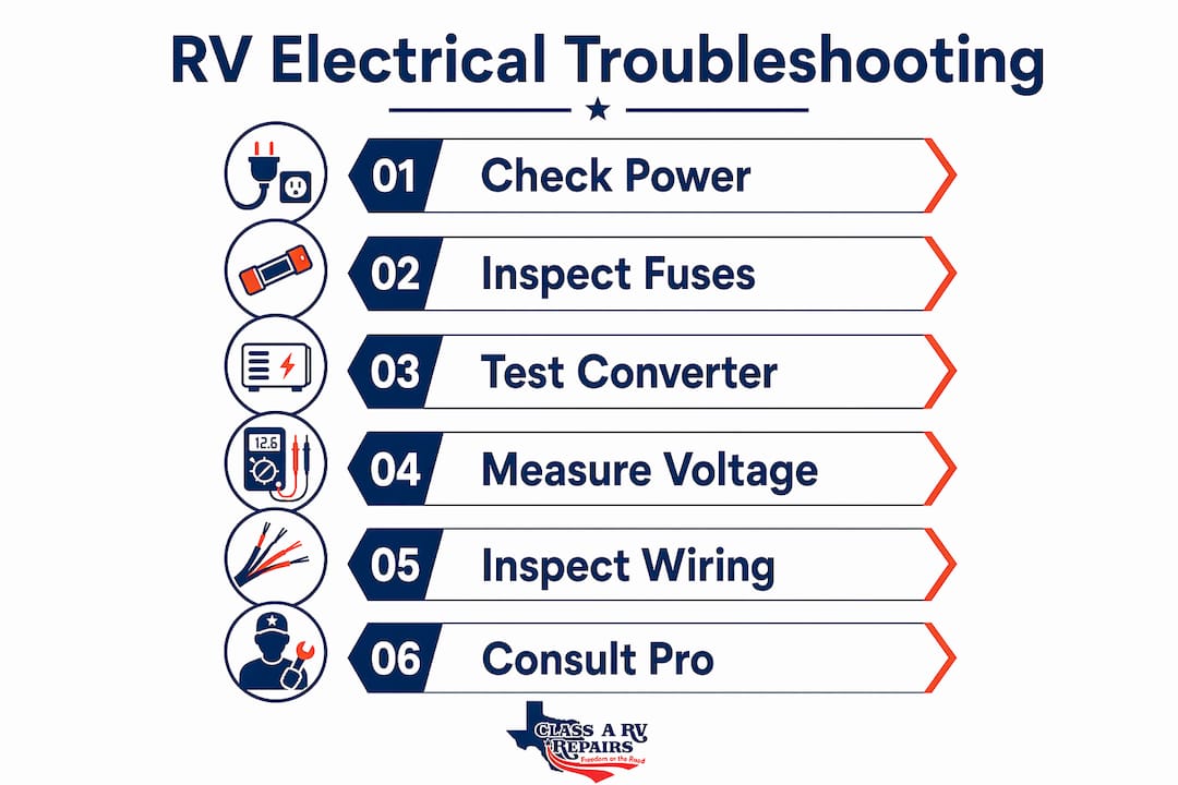 Infographic showing RV electrical troubleshooting steps