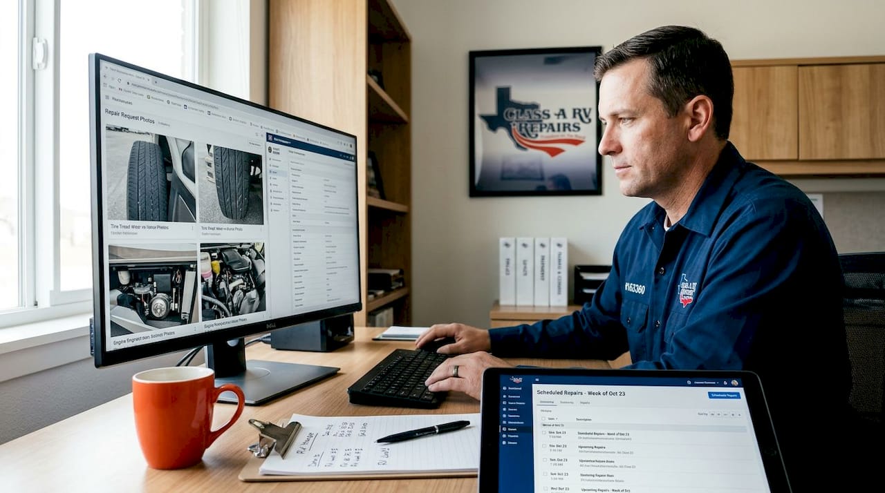 Fleet manager reviewing repair requests at desk