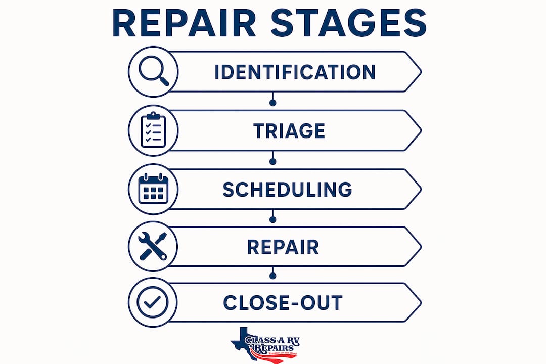 Infographic showing five stages of fleet RV repair workflow