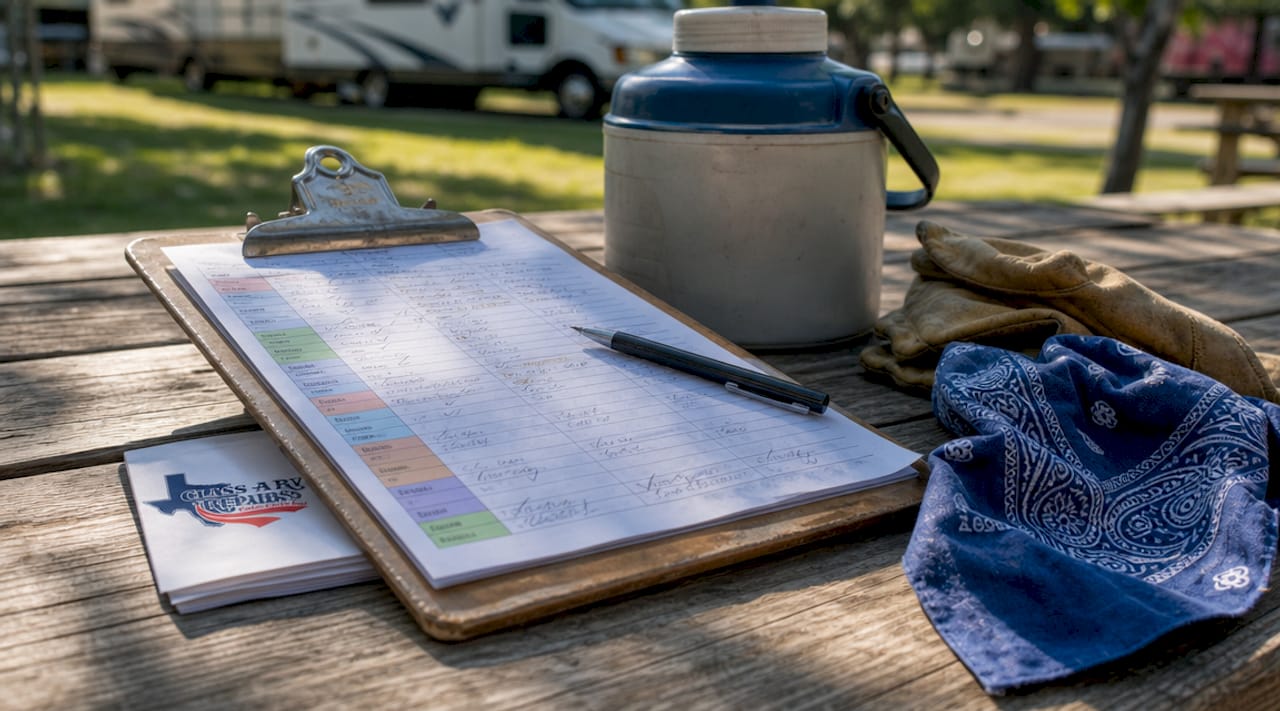 Clipboard with RV maintenance checklist outdoors