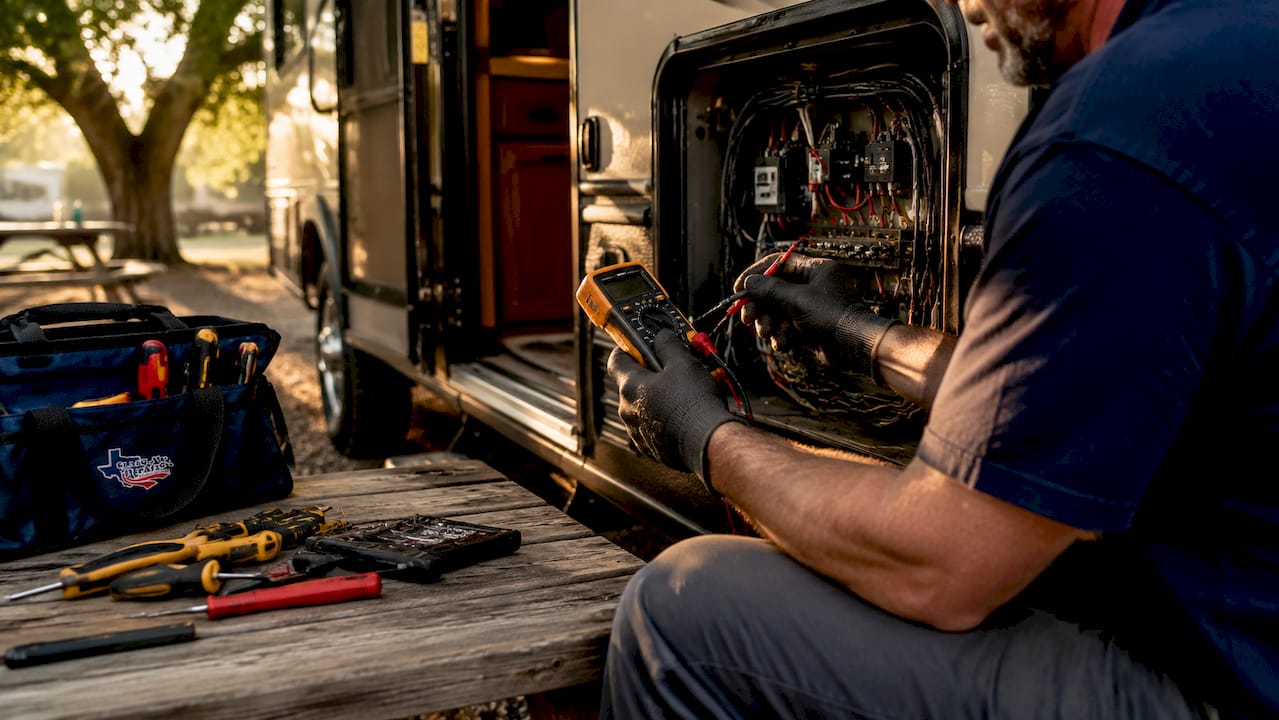 Hands testing RV electrical wiring panel