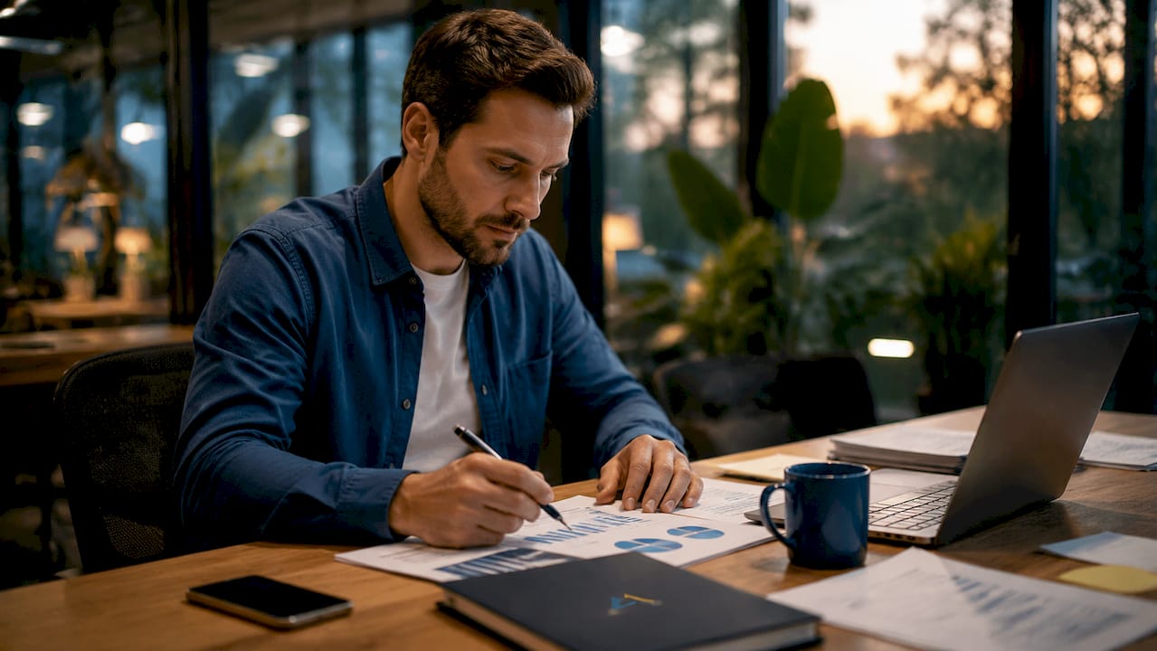 Marketer reviewing campaign reports at desk