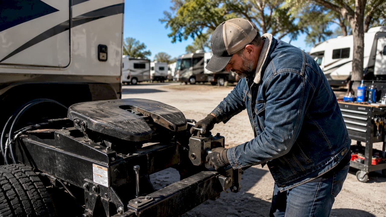 Close-up hands securing kingpin lock on trailer hitch