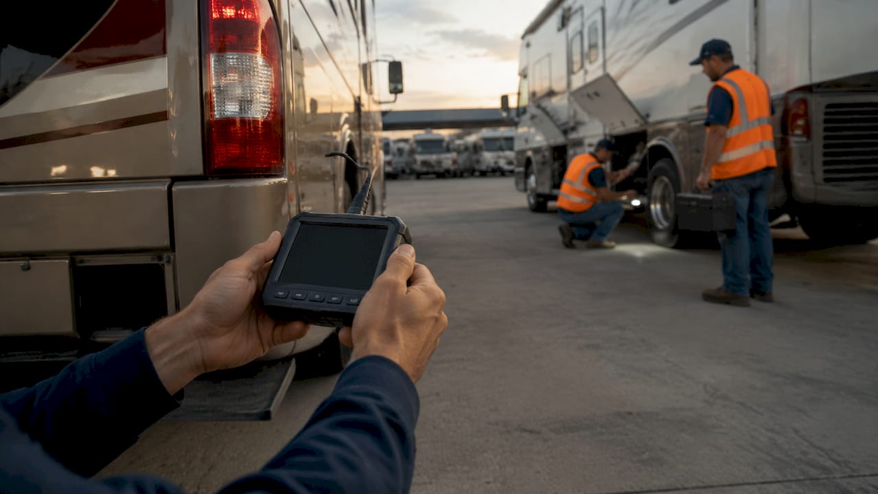 Hands holding device capturing motorhome defect