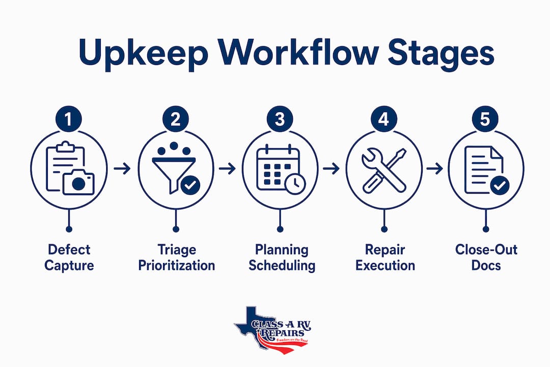 Infographic showing five stages of motorhome upkeep workflow