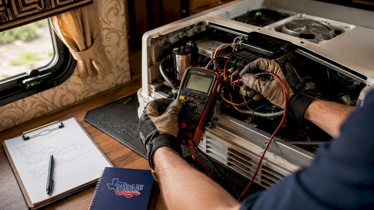 Hands checking RV AC electrical voltage with multimeter
