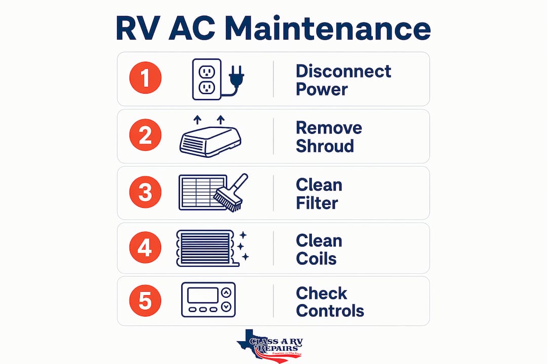 Infographic showing RV AC maintenance step sequence