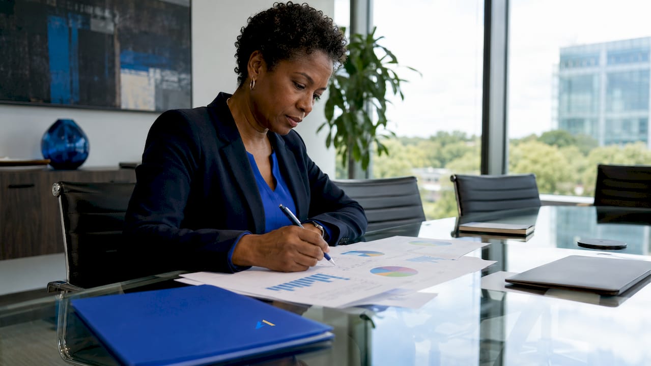 Businesswoman reviewing printed data charts