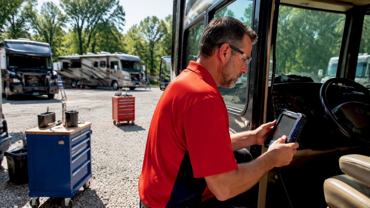 Technician performing RV diagnostic inspection