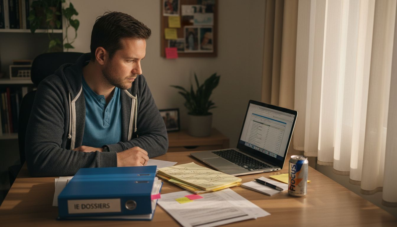 Thuis achter zijn laptop zoekt een man naar een merknaam.