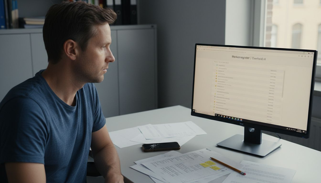 Een man bekijkt de naam van een merk op zijn computerscherm.