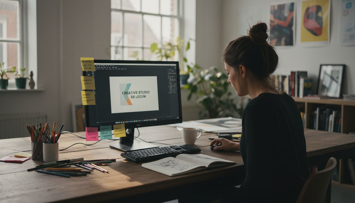 Een grafisch ontwerper is bezig met het ontwerpen van een nieuw logo op kantoor.