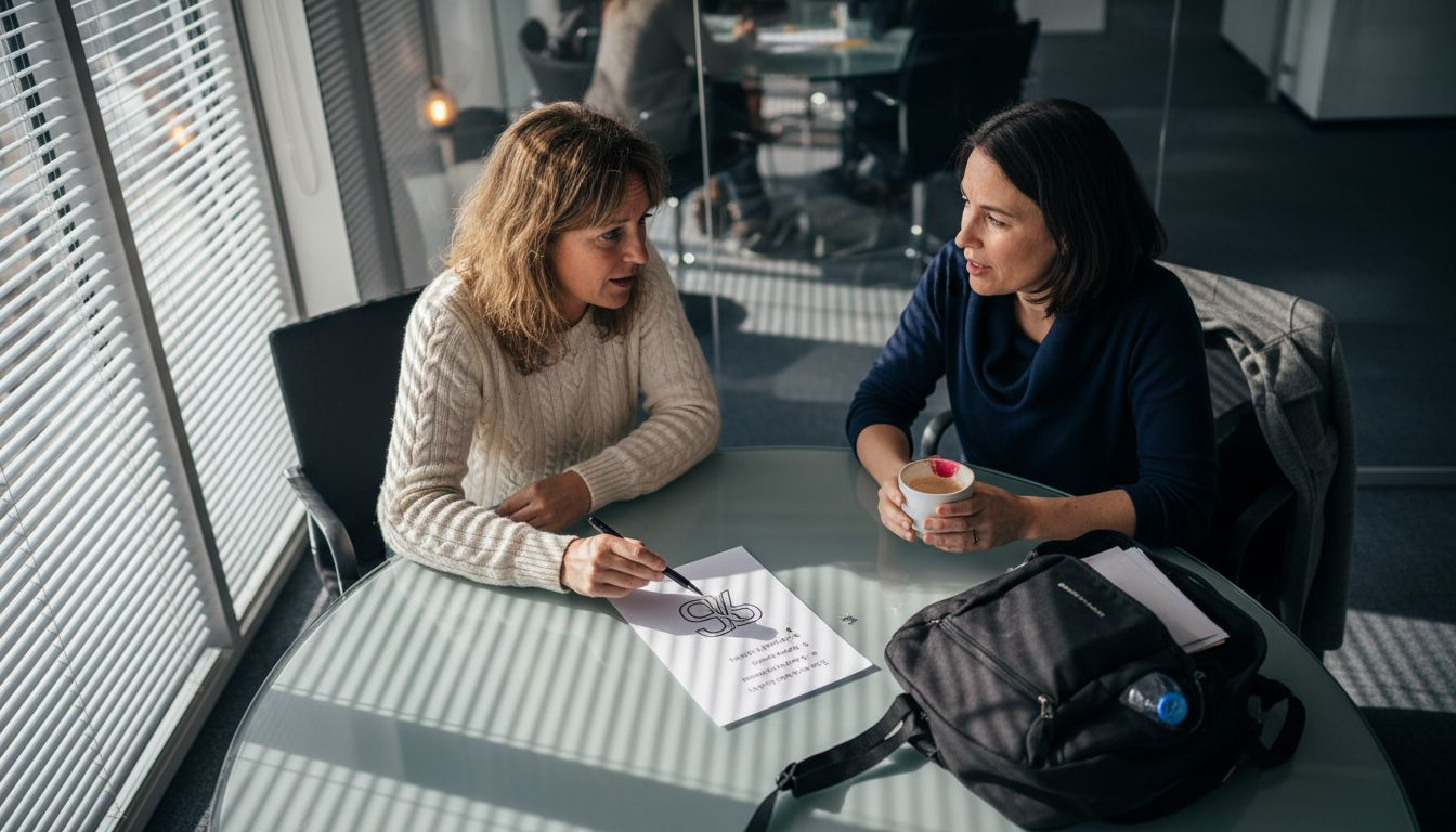 Het team overlegt in de vergaderruimte over de nieuwe merknaam en het logo.