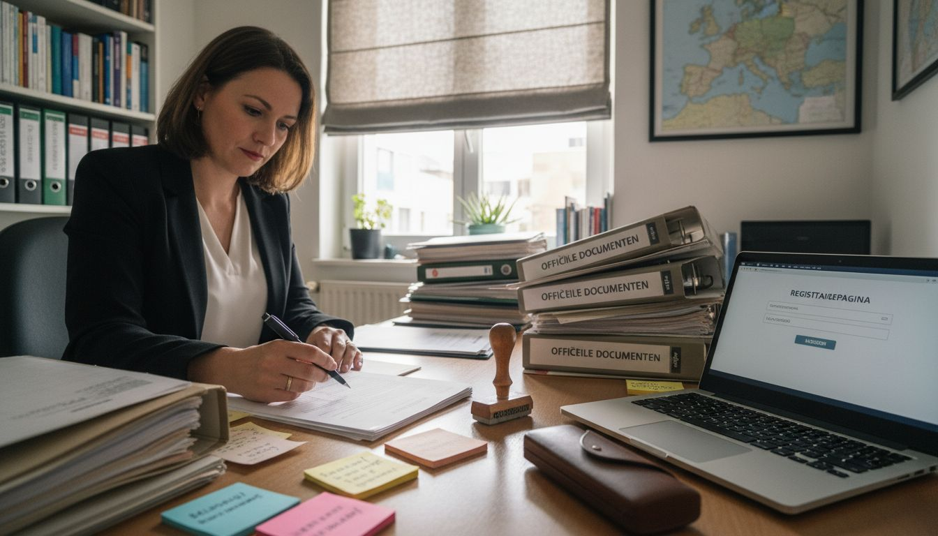 Op kantoor buigt een jurist zich over de controle van het merkregistratiedocument.
