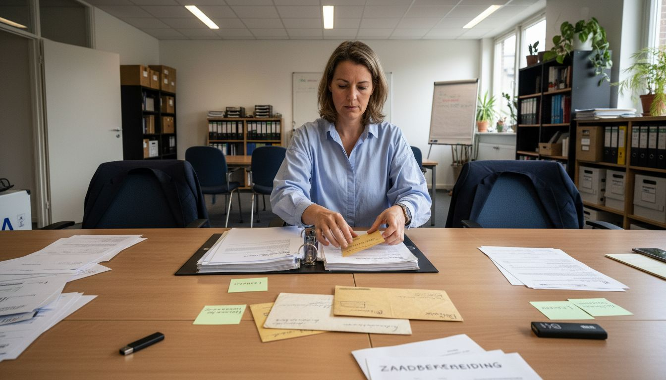 Een vrouw zit aan tafel en ordent bewijsstukken voor de registratie van een merk.