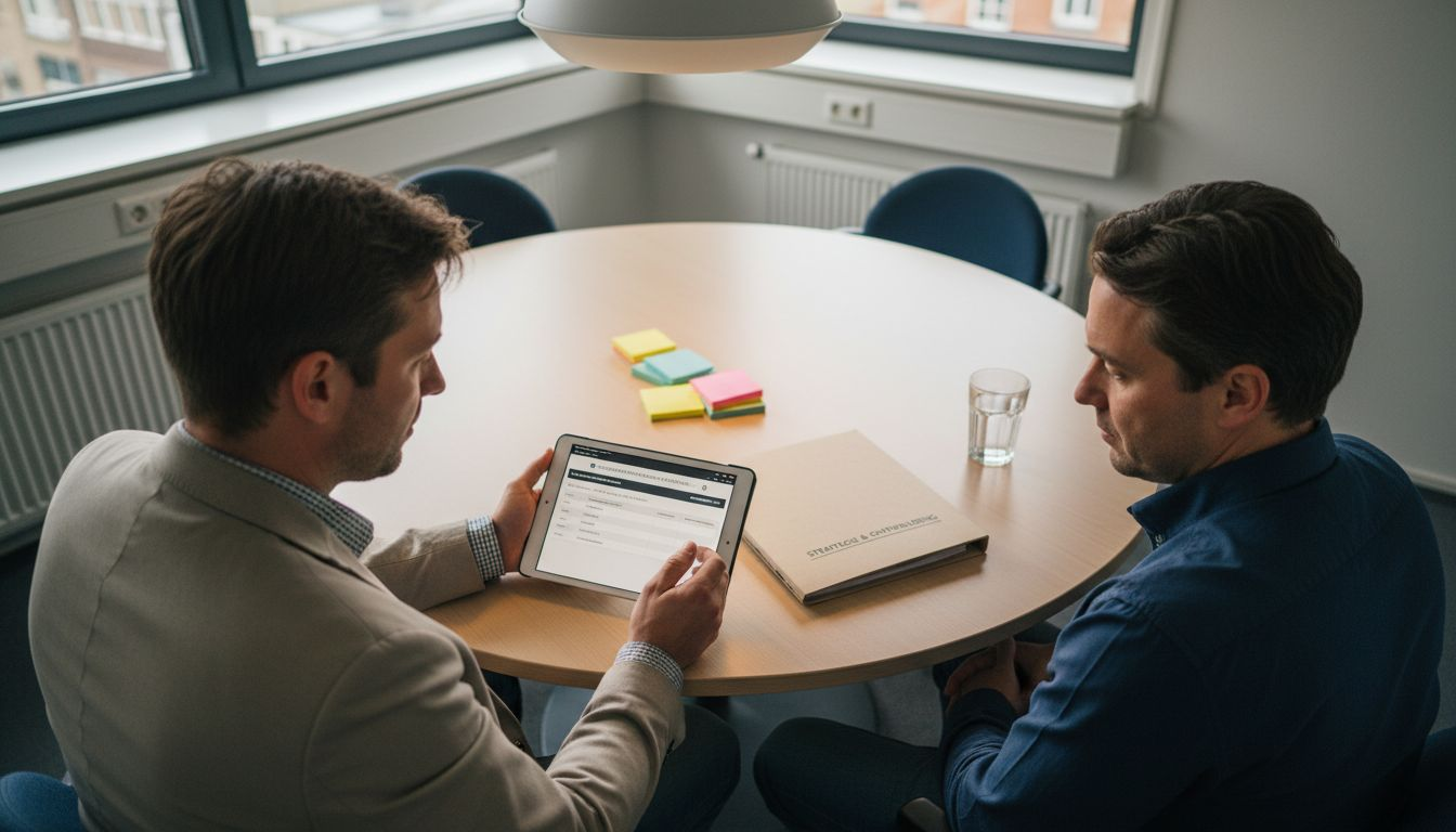 De merkadviseur en de klant zitten samen om de onderzoeksresultaten door te nemen.