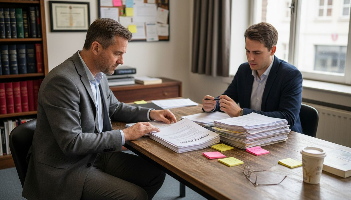 Een advocaat en zijn cliënt overleggen samen over het vastleggen van een merknaam.