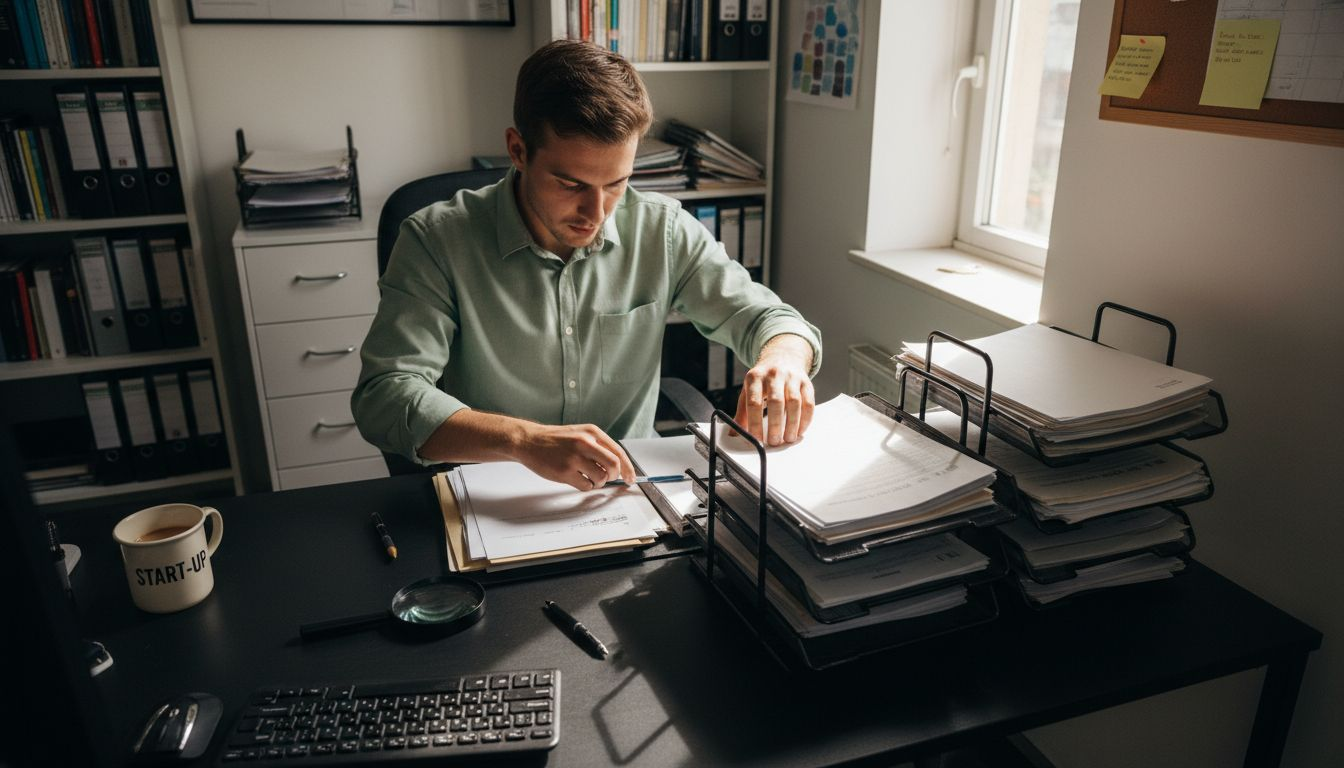Een ondernemer zoekt op het kantoor naar belangrijke documenten.