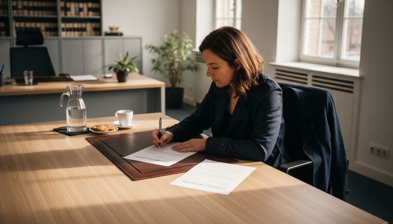 Een vrouw zet haar handtekening onder de papieren voor de registratie van een merk op kantoor.