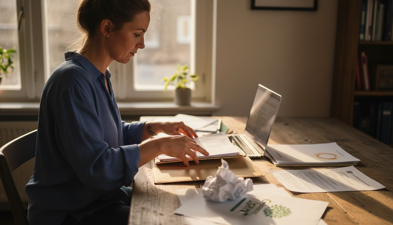 Een vrouw is druk bezig alle benodigde papieren te verzamelen voor de registratie van haar merk.