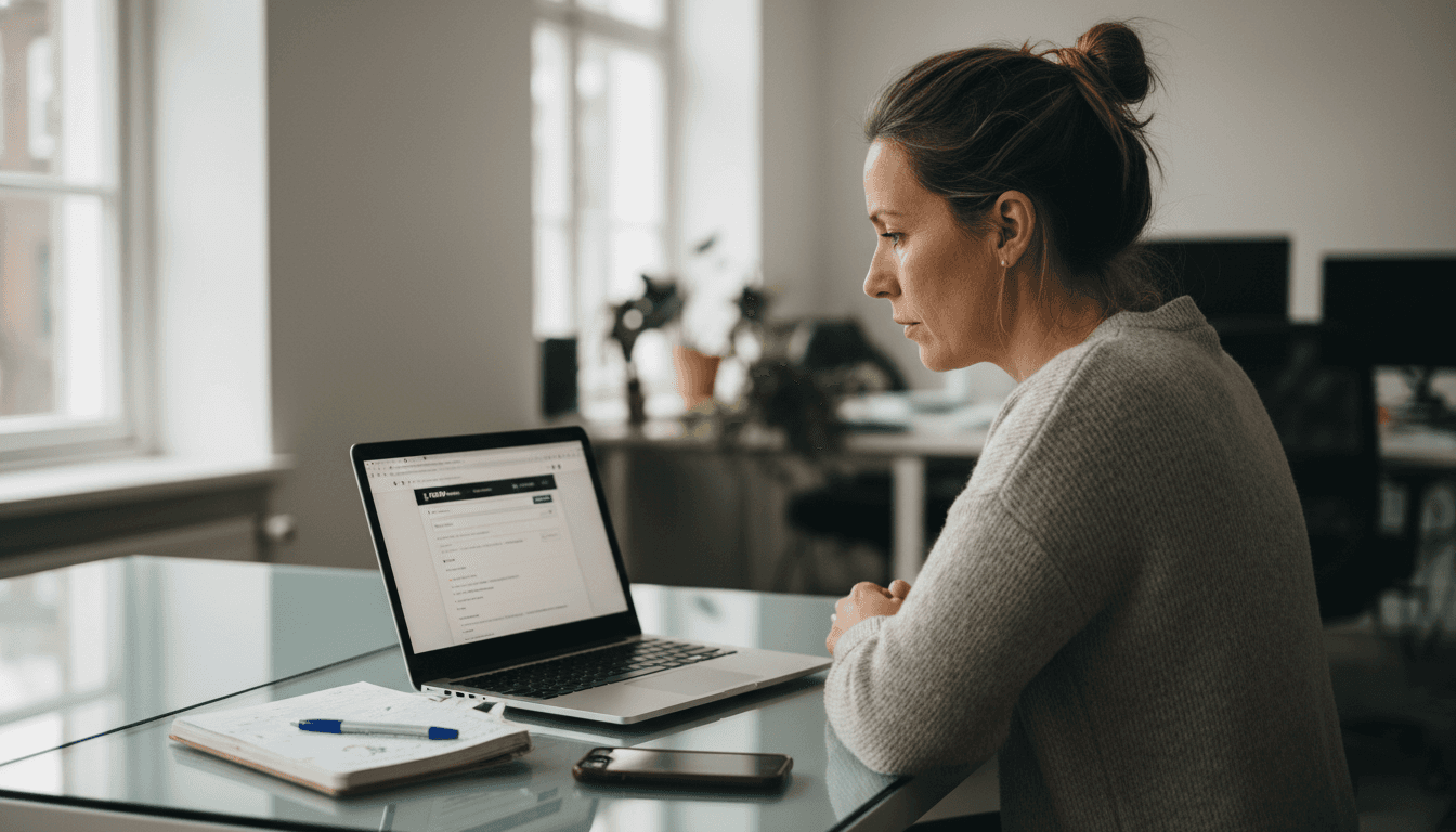 Een vrouw zoekt naar merken in de BOIP-database.
