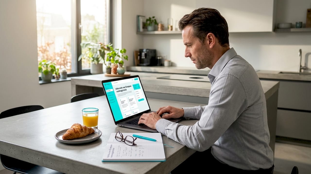 Een ondernemer verdiept zich online in merkregistratie op zijn laptop.