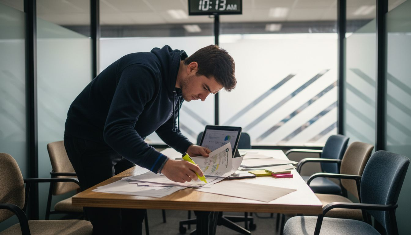 Analyst reviewing printed company segmentation reports