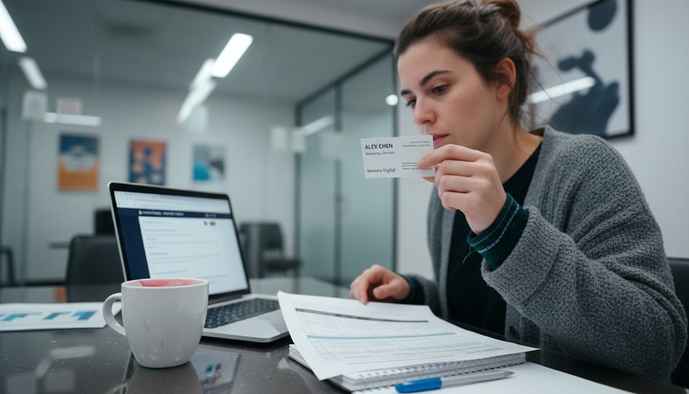 Marketer reviewing company contact information