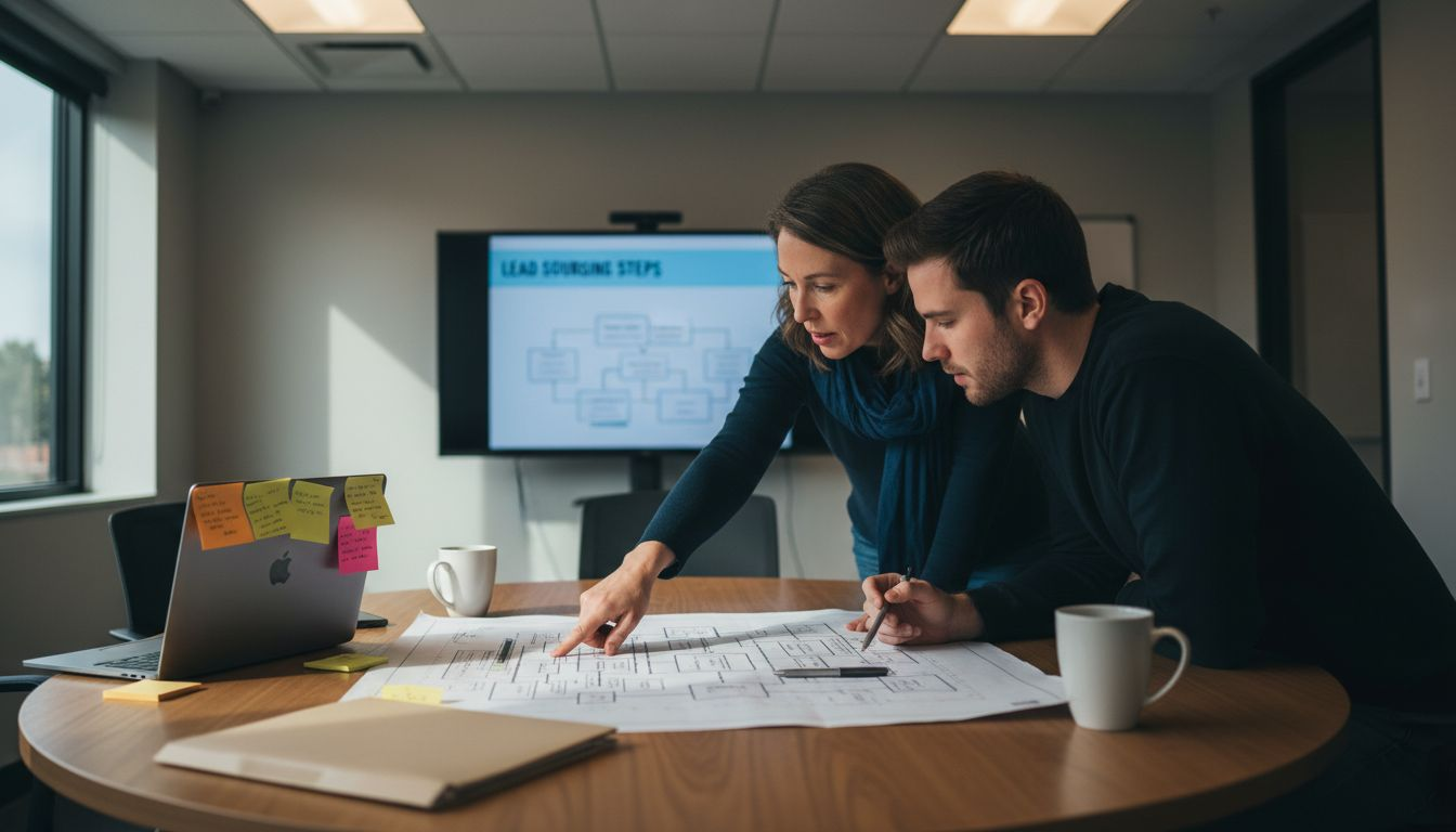Team reviewing contact sourcing workflow diagram