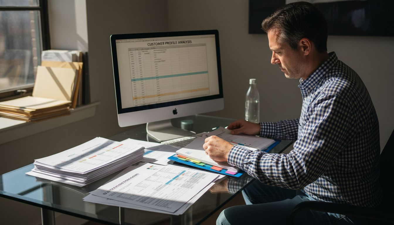 Manager reviewing customer profile documents at desk