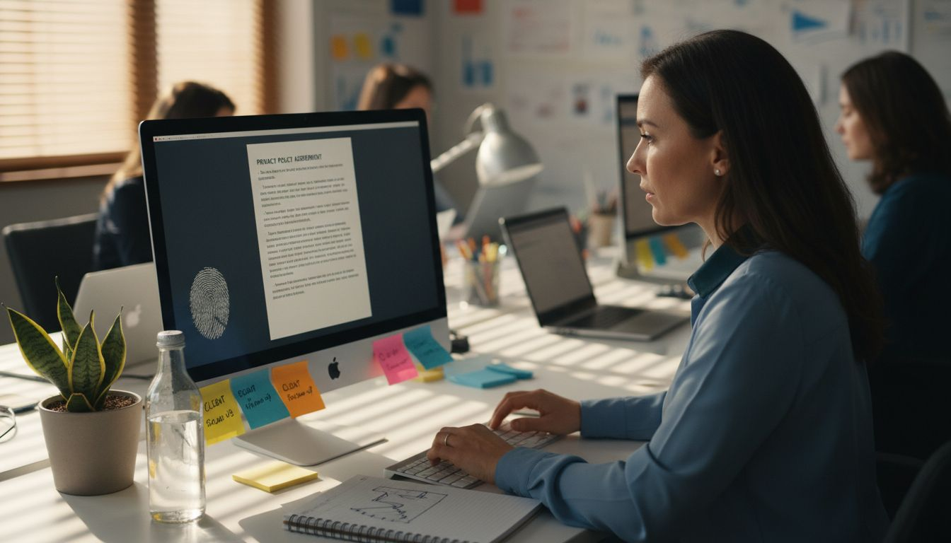 Salesperson reviews privacy policy at shared desk