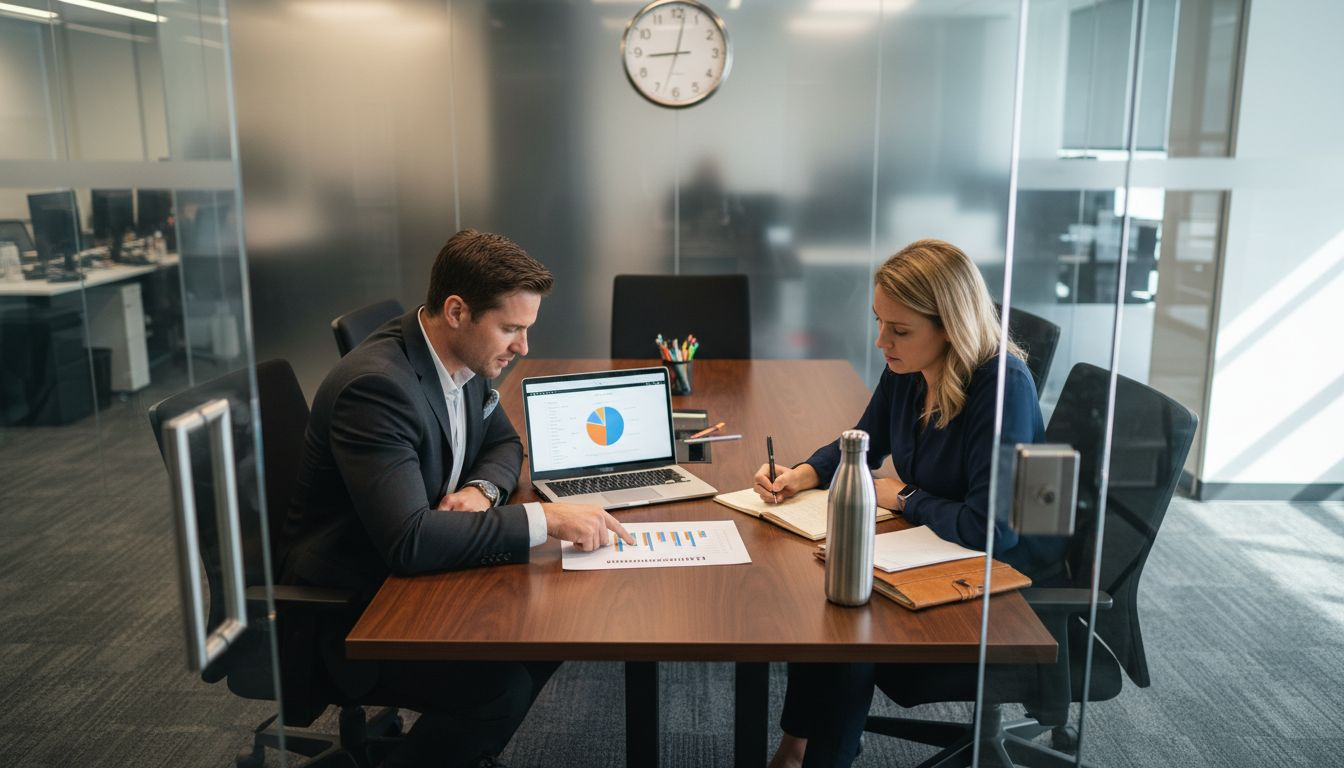 Sales managers discussing lead conversion chart