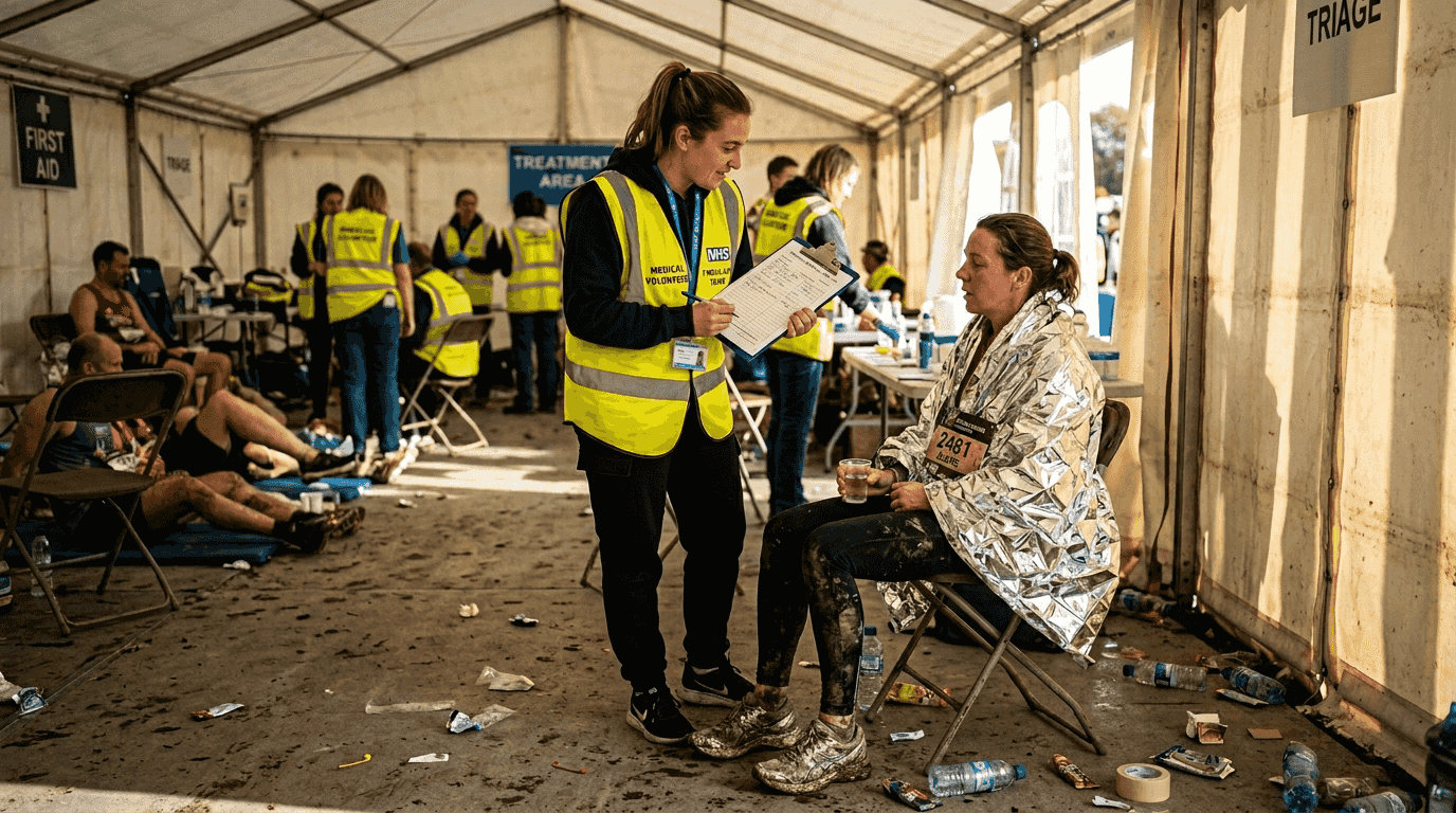 Volunteer assisting runner in medical tent