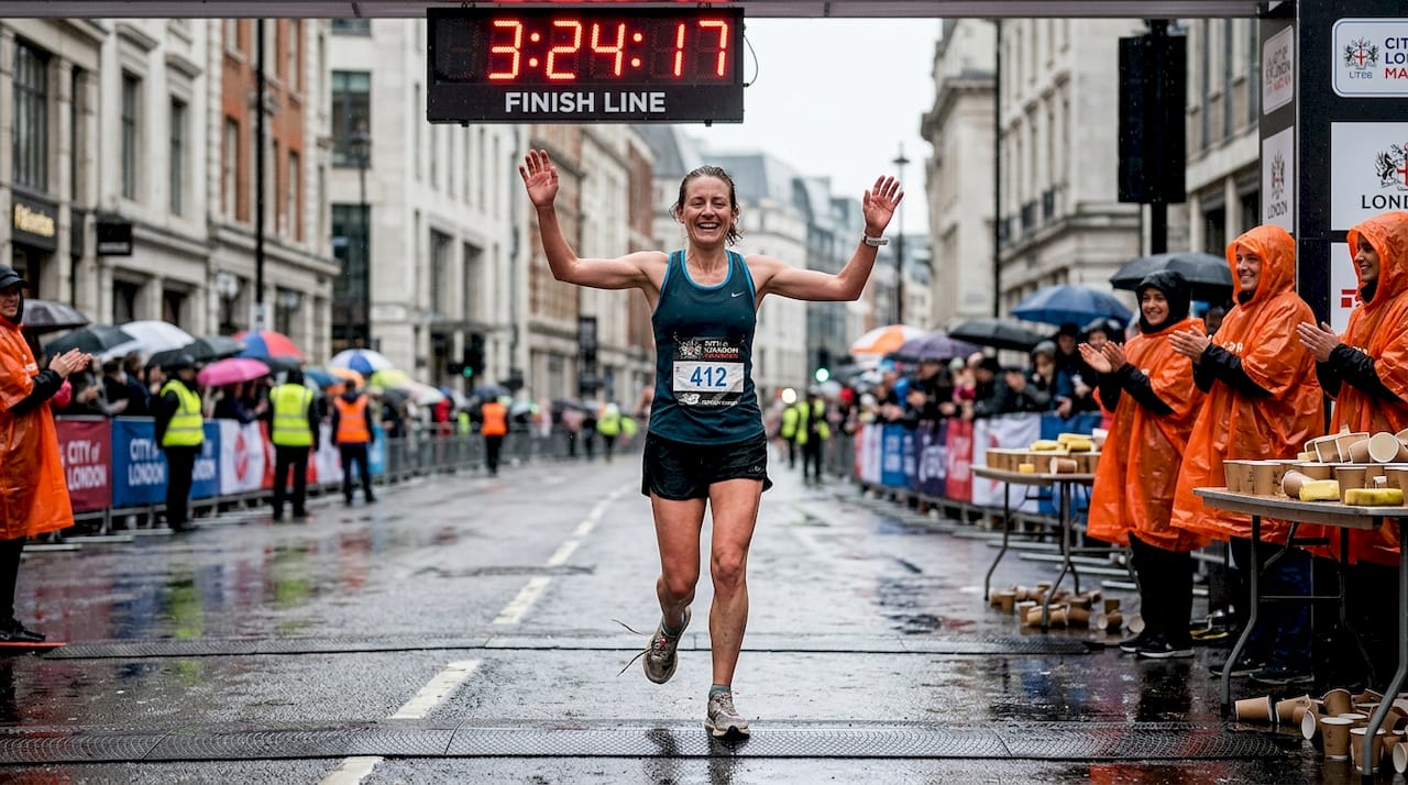 Runner finishes official marathon in rainy weather