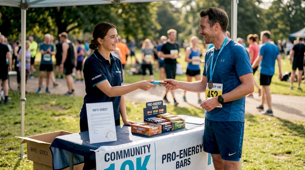Sponsor representative giving samples to runners