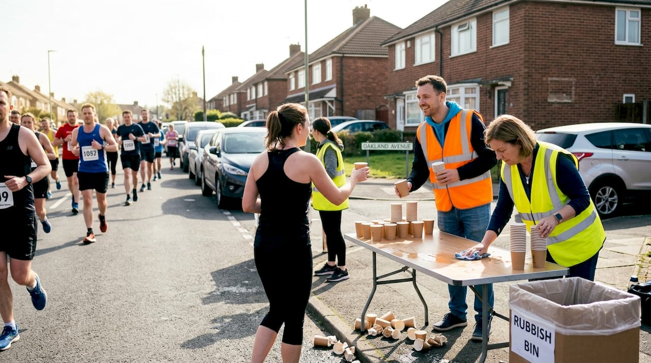Volunteers give water to event runners