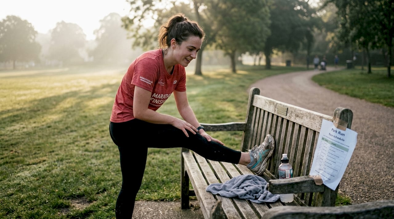 Runner resting and stretching beside park bench