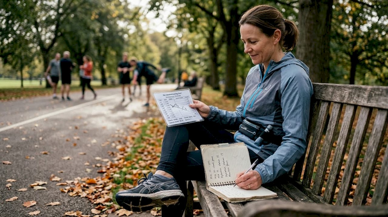 Runner reviewing pacing chart in park