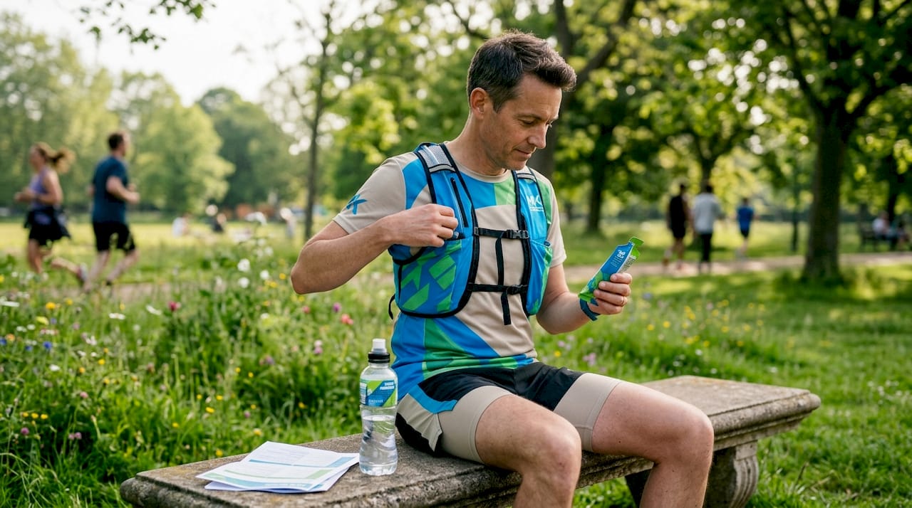 Runner preparing race hydration in park