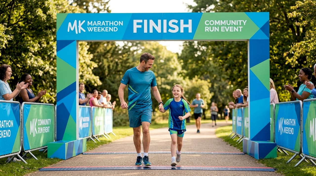 Father and daughter cross stadium race finish