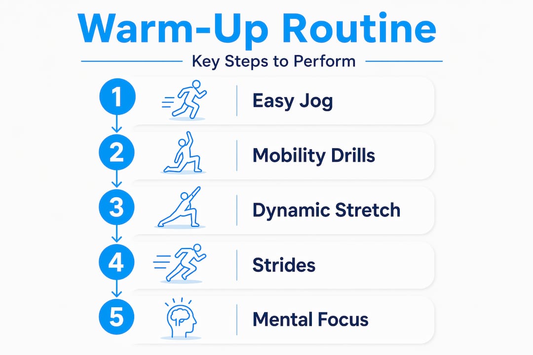Infographic showing race warm up routine steps