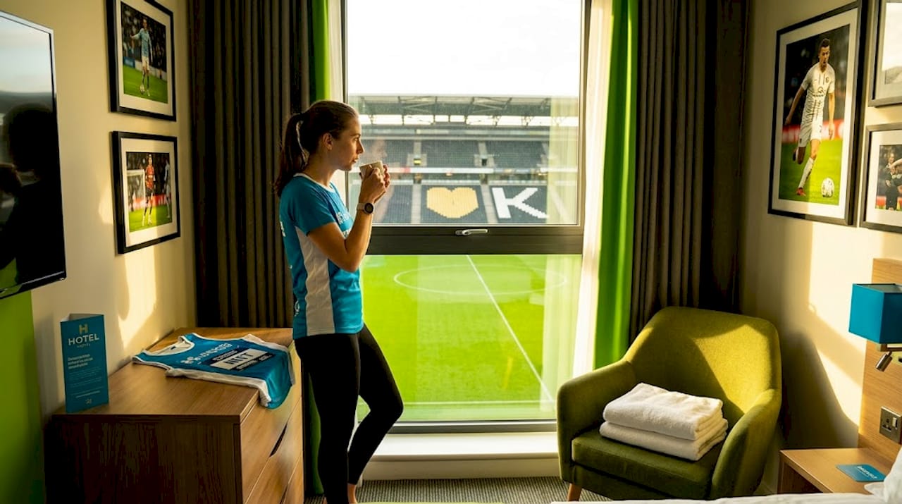 Hotel room window overlooking Stadium MK