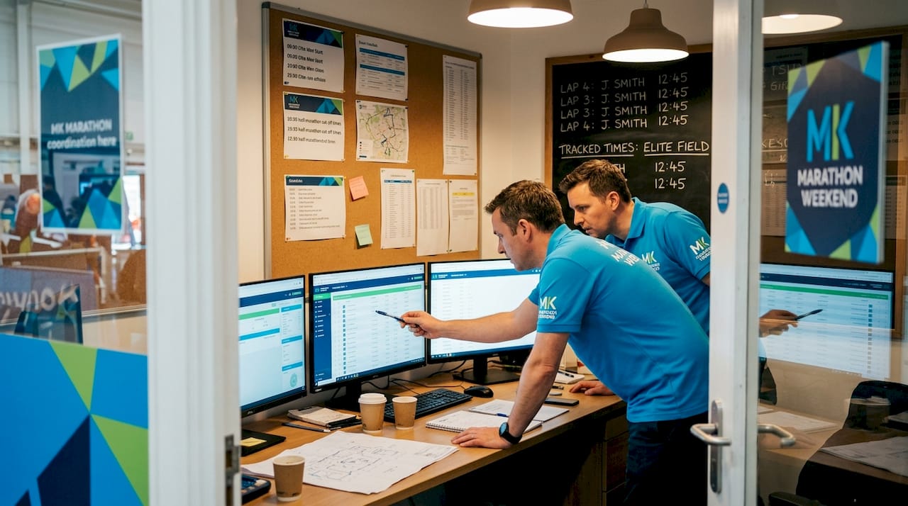 Timing officials reviewing leaderboards in race control room