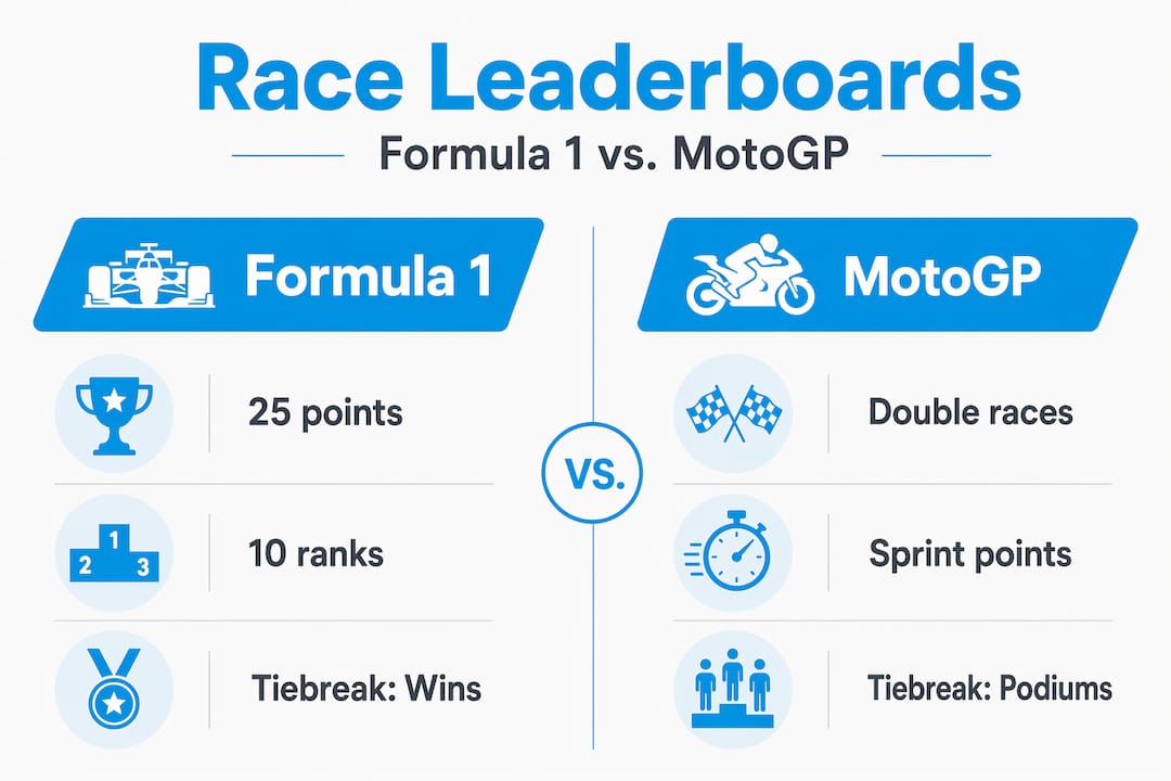 Infographic comparing Formula 1 and MotoGP leaderboard formats