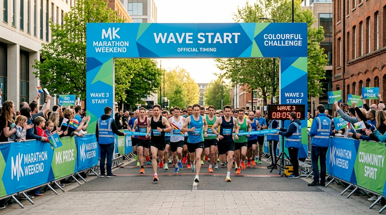 Staggered start of marathon runners in timed groups
