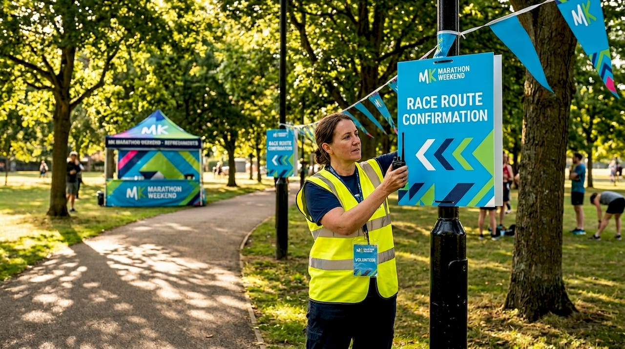 Volunteer adjusting reflective race signs on lamp post