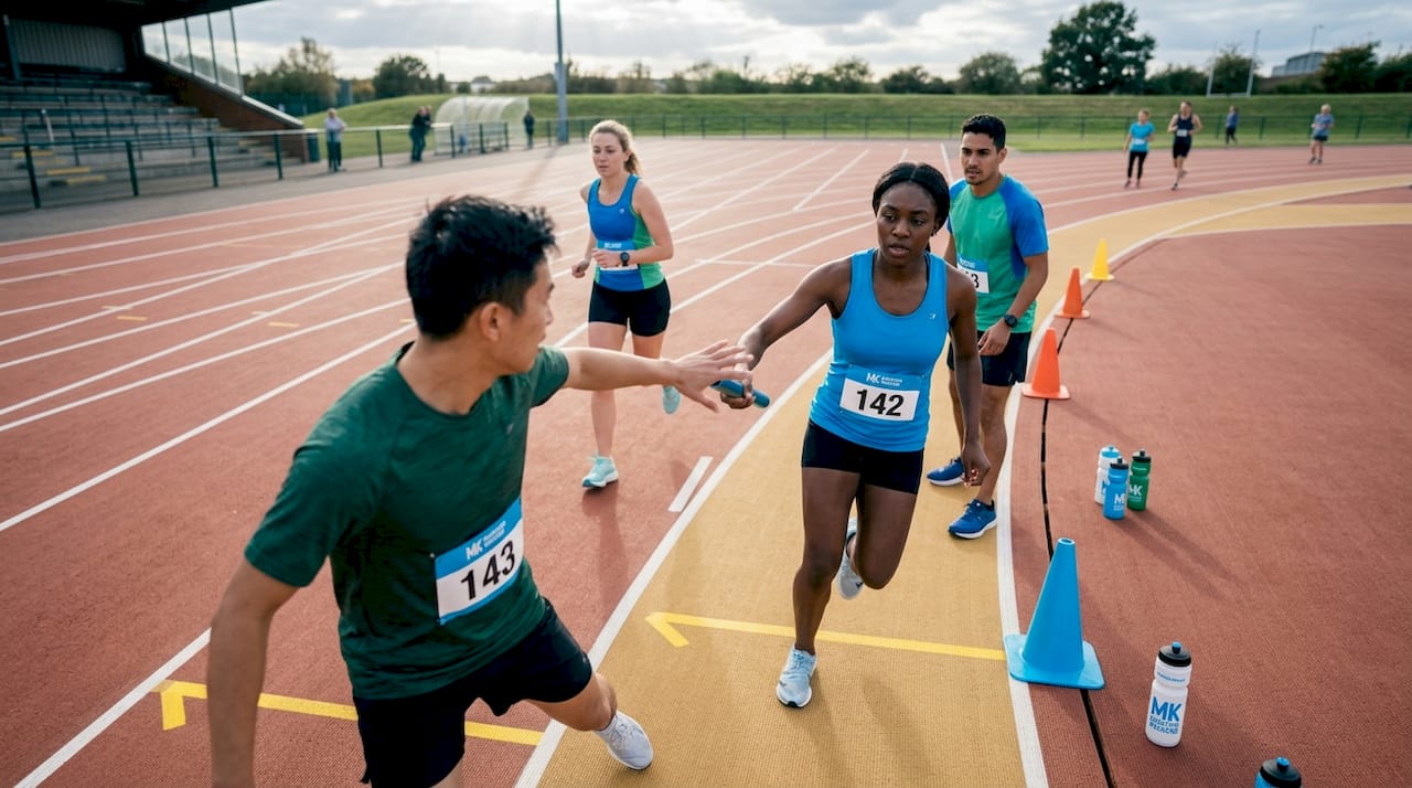 Runners practicing baton handoff on track