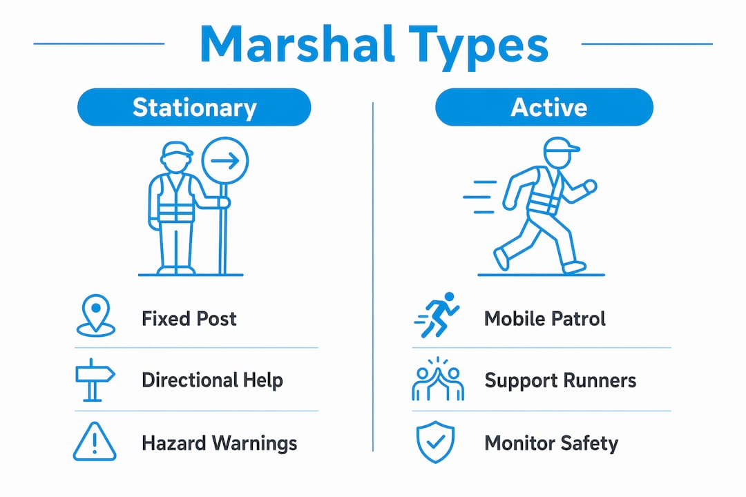 Infographic comparing stationary and active running marshal duties